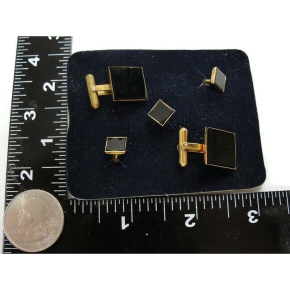 David Donahue Cufflinks Black Onyx Gold Tone Shirt Button Set Formal Tux Vintage - Picture 4 of 16